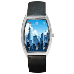 City Building Blue Sky Barrel Style Metal Watch by Mariart