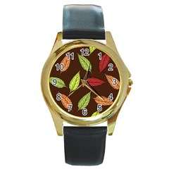 Autumn Leaves Pattern Round Gold Metal Watch