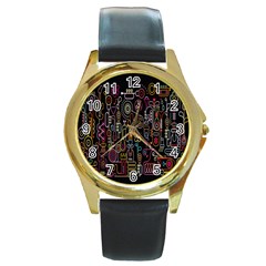 Features Illustration Round Gold Metal Watch