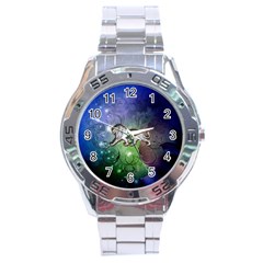 Wonderful Lion Silhouette On Dark Colorful Background Stainless Steel Analogue Watch