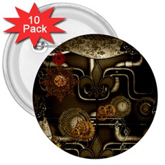 Wonderful Noble Steampunk Design, Clocks And Gears And Butterflies 3  Buttons (10 Pack)  by FantasyWorld7