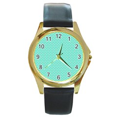 Tiffany Aqua Blue With White Lipstick Kisses Round Gold Metal Watch by PodArtist