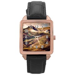 Iceland Mountains Sky Clouds Rose Gold Leather Watch  by BangZart