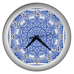 Blue Mandala Kaleidoscope Wall Clocks (silver)  by Celenk