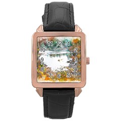 River Water Art Abstract Stones Rose Gold Leather Watch 