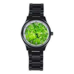 Green Wood The Leaves Twig Leaf Texture Stainless Steel Round Watch