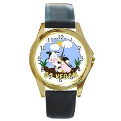 Friends Not Food - Cute Cow, Pig And Chicken Round Gold Metal Watch by Valentinaart