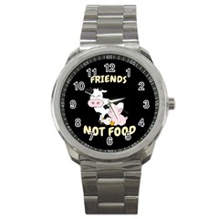 Friends Not Food - Cute Cow, Pig And Chicken Sport Metal Watch by Valentinaart