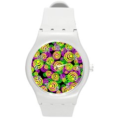 Bright Yellow Pink And Green Neon Circles Round Plastic Sport Watch (m) by PodArtist