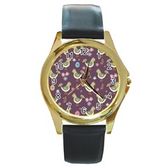 Easter Pattern Round Gold Metal Watch by Valentinaart