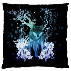 Amazing Wolf With Flowers, Blue Colors Large Flano Cushion Case (two Sides) by FantasyWorld7