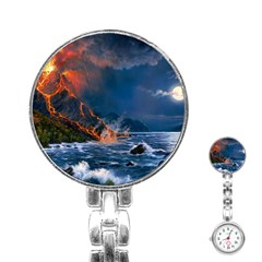 Eruption Of Volcano Sea Full Moon Fantasy Art Stainless Steel Nurses Watch by Sapixe