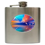 Flamingo Lake Birds In Flight Sunset Orange Sky Red Clouds Reflection In Lake Water Art Hip Flask (6 oz) Front