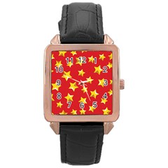 Yellow Stars Red Background Pattern Rose Gold Leather Watch  by Sapixe