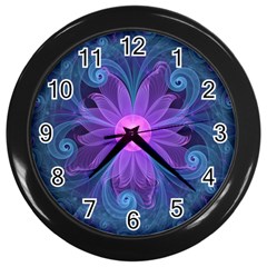 Blown Glass Flower Of An Electricblue Fractal Iris Wall Clocks (black) by jayaprime