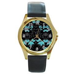 Blue Green Back Ground Floral Pattern Round Gold Metal Watch by flipstylezfashionsLLC