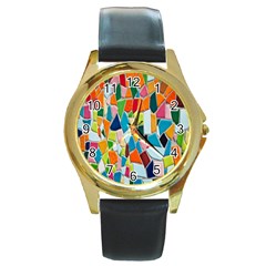 Mosaic Tiles Pattern Texture Round Gold Metal Watch by Nexatart