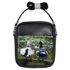 Muscovy Ducks At The Pond Girls Sling Bags by IIPhotographyAndDesigns