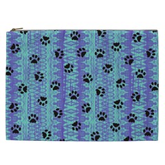 Footprints Cat Black On Batik Pattern Teal Violet Cosmetic Bag (xxl) by EDDArt