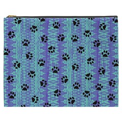 Footprints Cat Black On Batik Pattern Teal Violet Cosmetic Bag (xxxl) by EDDArt