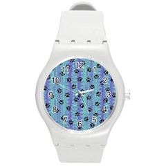 Footprints Cat Black On Batik Pattern Teal Violet Round Plastic Sport Watch (m) by EDDArt