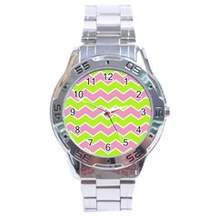 Zigzag Chevron Pattern Green Pink Stainless Steel Analogue Watch