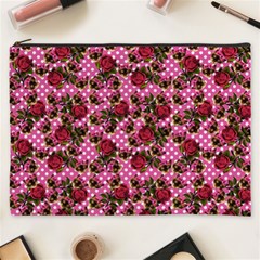 Lazy Cat Floral Pattern Pink Polka Cosmetic Bag (xxxl) by snowwhitegirl