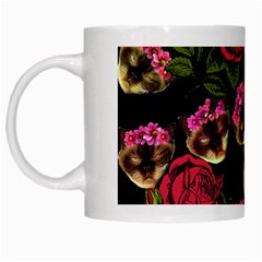 Lazy Cat Floral Pattern Black White Mugs by snowwhitegirl