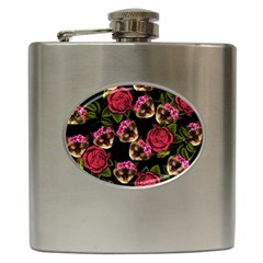 Lazy Cat Floral Pattern Black Hip Flask (6 Oz) by snowwhitegirl