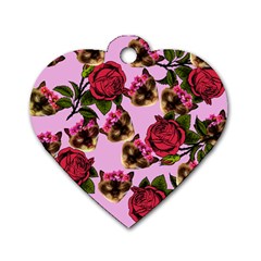 Lazy Cat Floral Pattern Pink Dog Tag Heart (one Side)