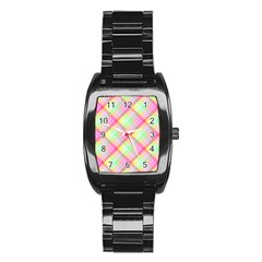 Pastel Rainbow Tablecloth Diagonal Check Stainless Steel Barrel Watch by PodArtist