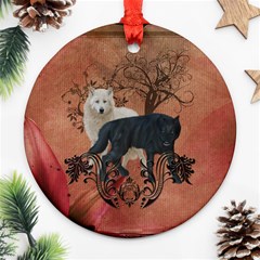 Awesome Black And White Wolf Ornament (round) by FantasyWorld7