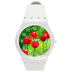 Red Tulip Flowers, Sunny Day Round Plastic Sport Watch (m) by FunnyCow