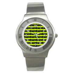 Slime Green And Black Halloween Nightmare Stripes  Stainless Steel Watch by PodArtist