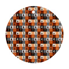 Witches, Monsters And Ghosts Halloween Orange And Black Patchwork Quilt Squares Ornament (round) by PodArtist