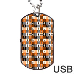 Witches, Monsters And Ghosts Halloween Orange And Black Patchwork Quilt Squares Dog Tag Usb Flash (two Sides) by PodArtist