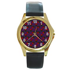 Red Roses Purple Round Gold Metal Watch