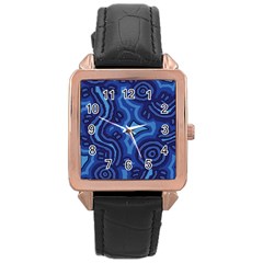 Aboriginal Art - Blue Campsites Rose Gold Leather Watch 