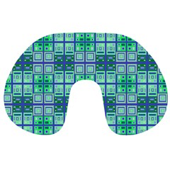 Mod Blue Green Square Pattern Travel Neck Pillows by BrightVibesDesign