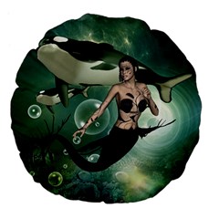 Wonderful Dark Mermaid With Awesome Orca Large 18  Premium Flano Round Cushions by FantasyWorld7