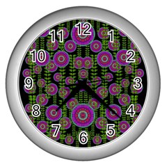 Black Lotus Night In Climbing Beautiful Leaves Wall Clock (silver) by pepitasart