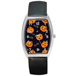 Funny Scary Black Orange Halloween Pumpkins Pattern Barrel Style Metal Watch Front