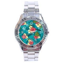 Apu Apustaja And Groyper Pepe The Frog Frens Hawaiian Shirt With Red Hibiscus On Green Background From Kekistan Stainless Steel Analogue Watch by snek