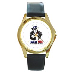 Build The Wall Funny Donald Trump Maga Round Gold Metal Watch by snek