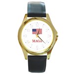 MAGA Make America Great Again with US Flag Trump Round Gold Metal Watch Front