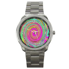 Groovy Abstract Pink, Turquoise And Yellow Swirl Sport Metal Watch by myrubiogarden