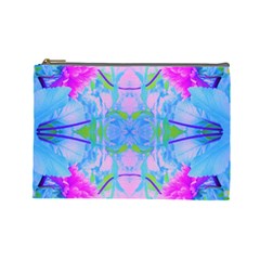 Pink And Purple Dahlia On Blue Pattern Cosmetic Bag (large) by myrubiogarden