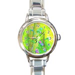 Hot Pink Abstract Rose Of Sharon On Bright Yellow Round Italian Charm Watch Front