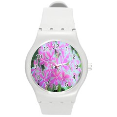 Hot Pink And White Peppermint Twist Garden Phlox Round Plastic Sport Watch (m) by myrubiogarden