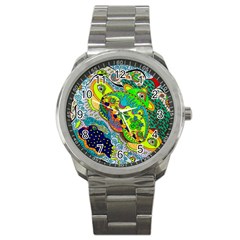 Cosmic Lizards With Alien Spaceship Sport Metal Watch by chellerayartisans